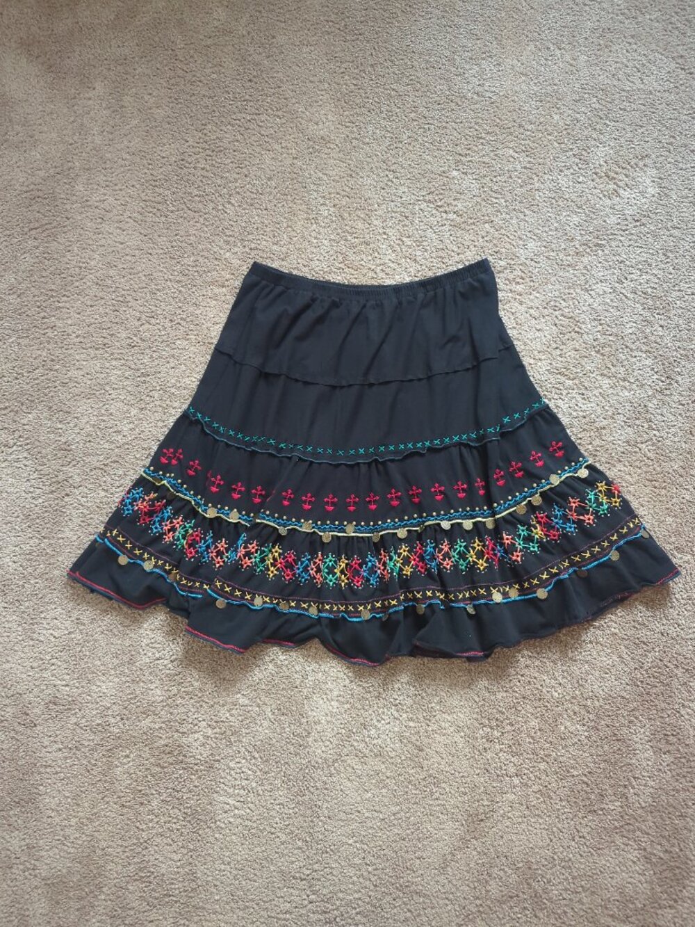 Double D Ranch Black Embroidered Coin Trim Tiered Skirt Large Boho Western